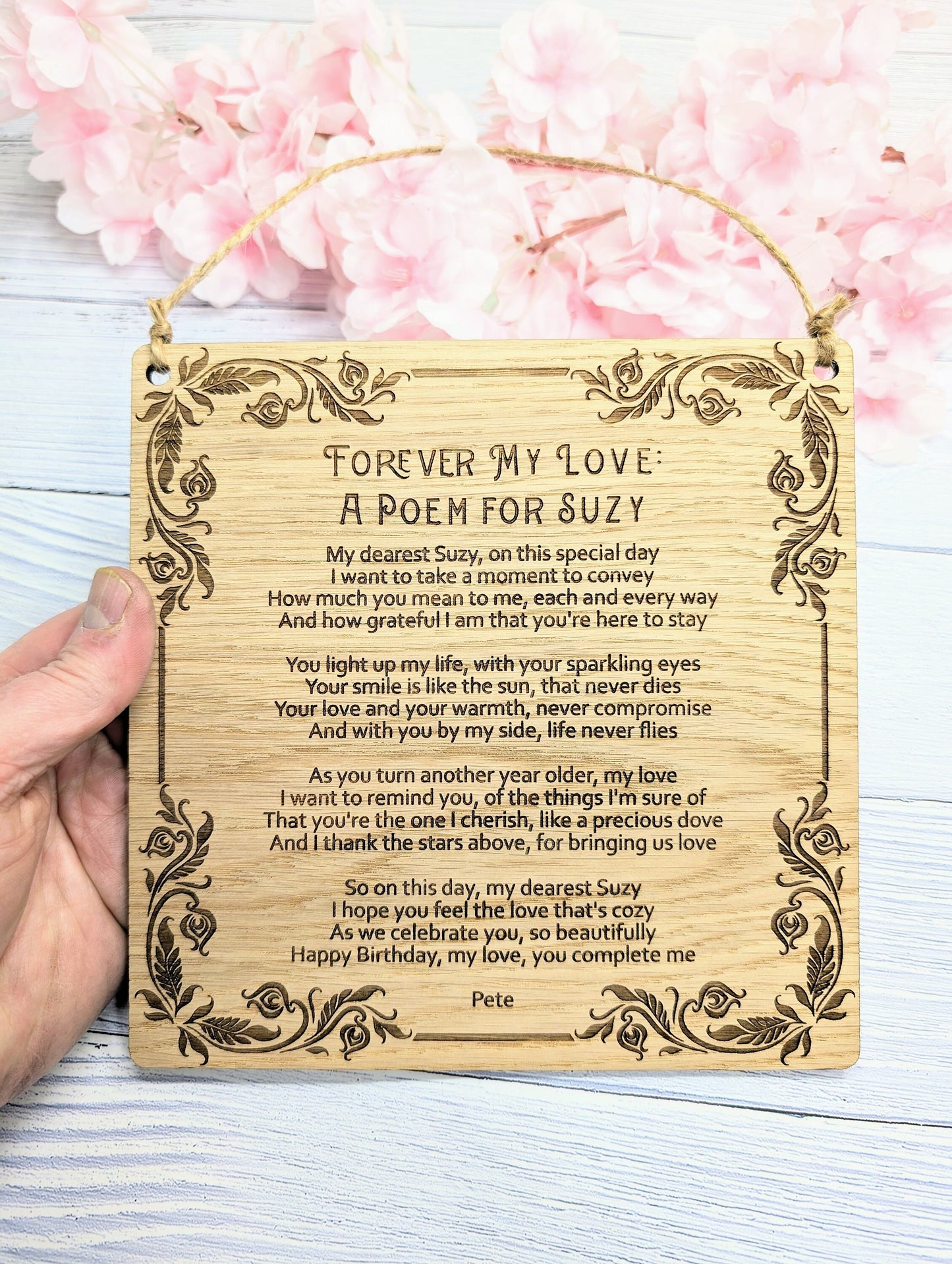 Floral Art Deco Engraved Sign | Customisable Poem or Message | Oak Veneer MDF | Elegant Home & Office Decor | Eco-Conscious Design