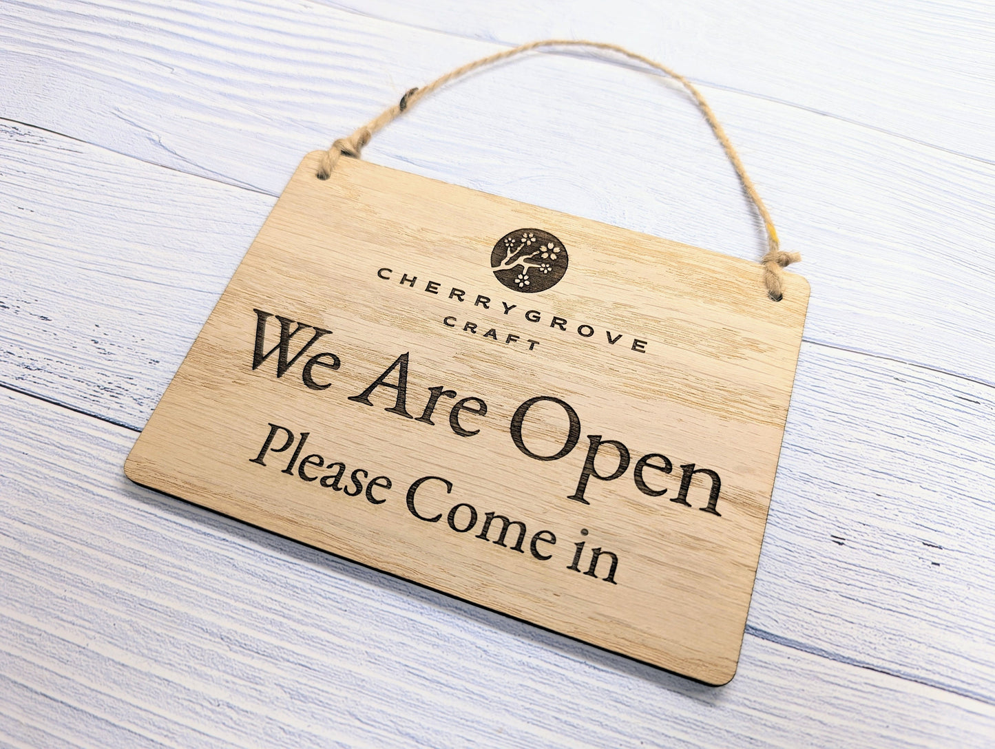 Personalised 'We Are Open, Please Come In' Wooden Sign - Custom Logo Welcome Sign - Available in 4 Sizes - Shop Sign, Office Door Sign, Bulk