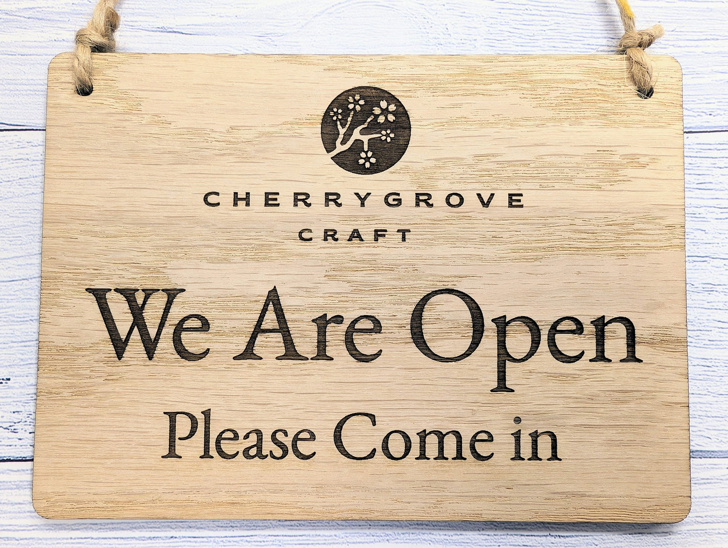 Personalised 'We Are Open, Please Come In' Wooden Sign - Custom Logo Welcome Sign - Available in 4 Sizes - Shop Sign, Office Door Sign, Bulk