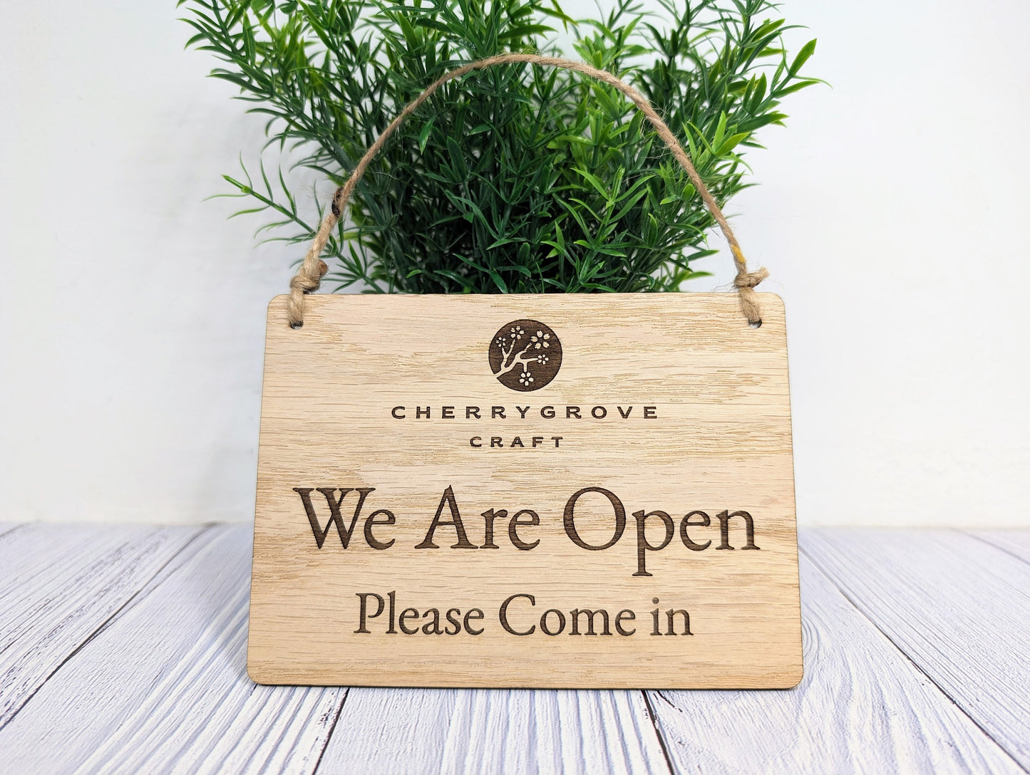 Personalised 'We Are Open, Please Come In' Wooden Sign - Custom Logo Welcome Sign - Available in 4 Sizes - Shop Sign, Office Door Sign, Bulk