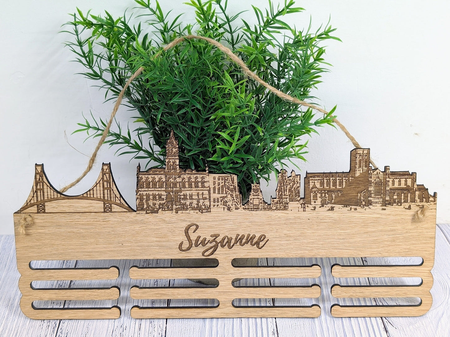 Chester Skyline Wooden Medal Hanger – Personalise with Your Name | Eco-Friendly Wood | Celebrating Chester’s Landmarks, Marathon, Ultra