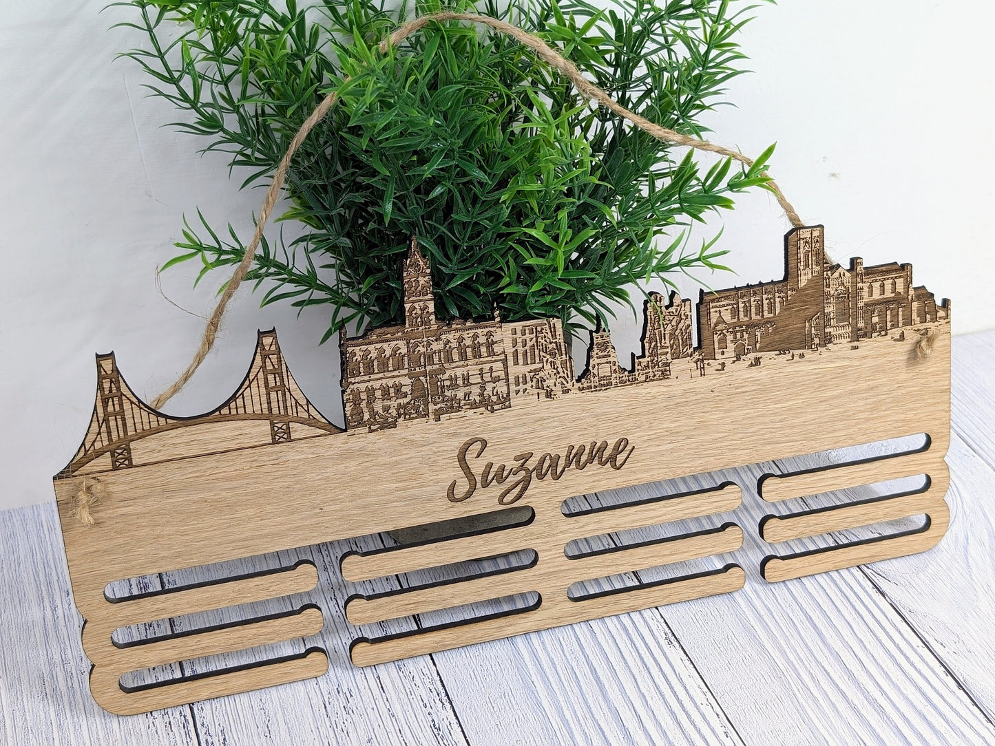 Chester Skyline Wooden Medal Hanger – Personalise with Your Name | Eco-Friendly Wood | Celebrating Chester’s Landmarks, Marathon, Ultra