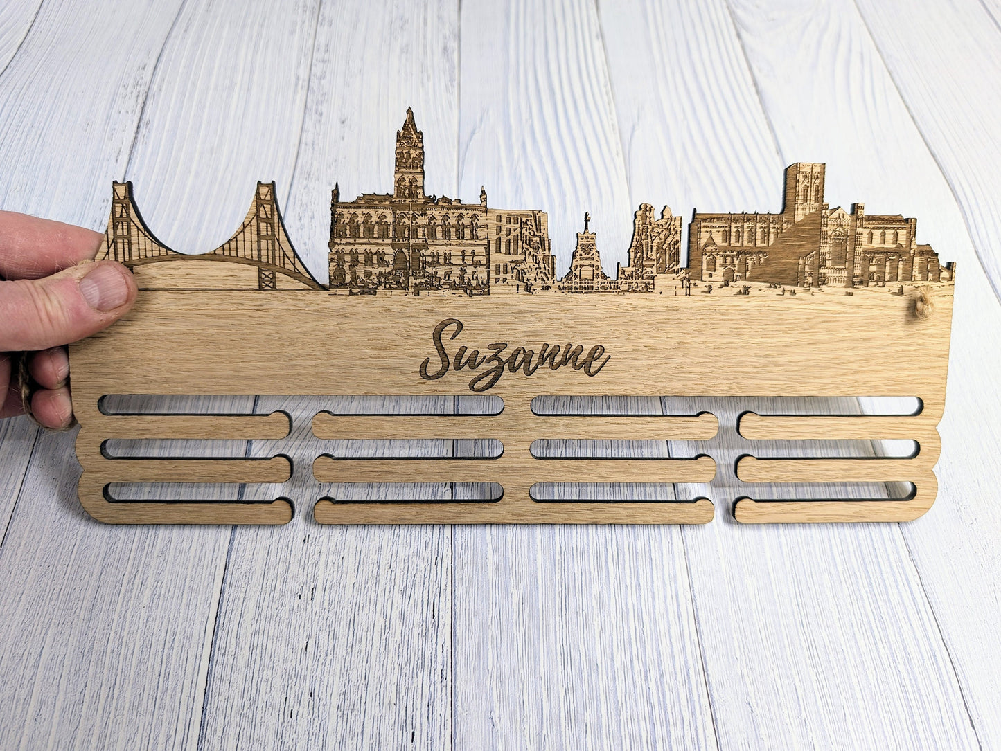 Chester Skyline Wooden Medal Hanger – Personalise with Your Name | Eco-Friendly Wood | Celebrating Chester’s Landmarks, Marathon, Ultra