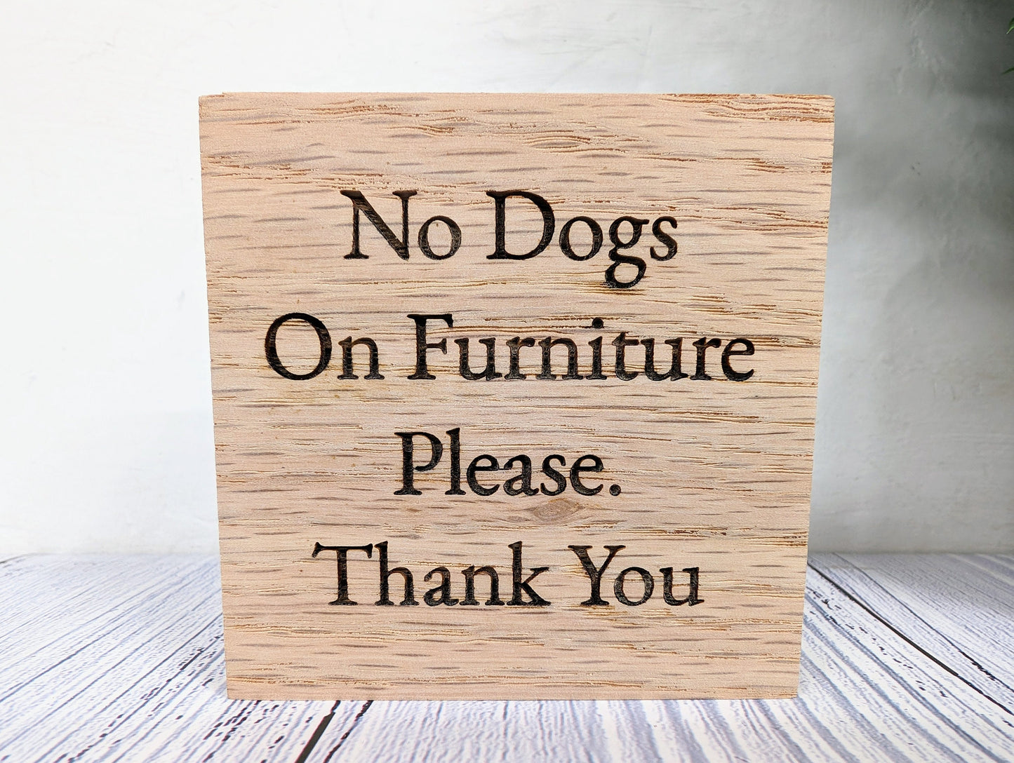 No Dogs on Furniture Oak Sign, Polite B&B Wooden Sign - Optional Personalisation - Pet Friendly Sign, Freestanding, Small Oak Plaque