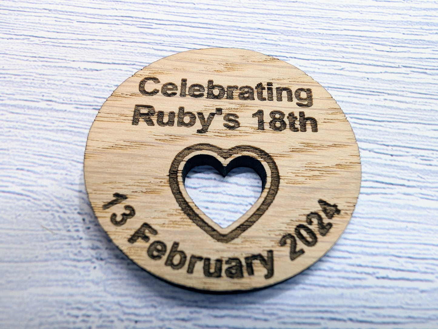 Custom Birthday Favour Discs - Oak - Personalised Birthday Discs with Name & Date (or Guest Name) - Table Favours - Milestone Parties