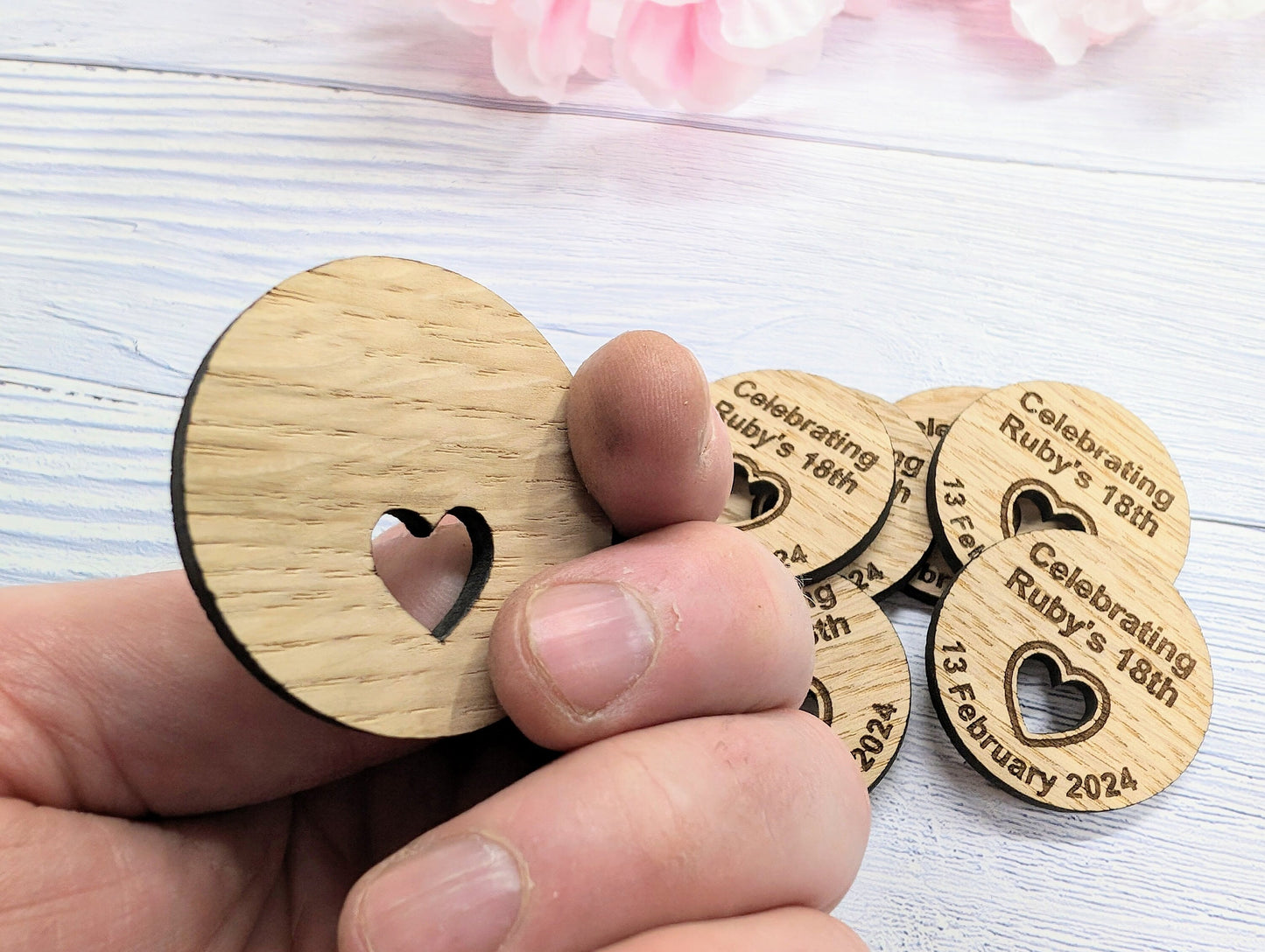 Custom Birthday Favour Discs - Oak - Personalised Birthday Discs with Name & Date (or Guest Name) - Table Favours - Milestone Parties