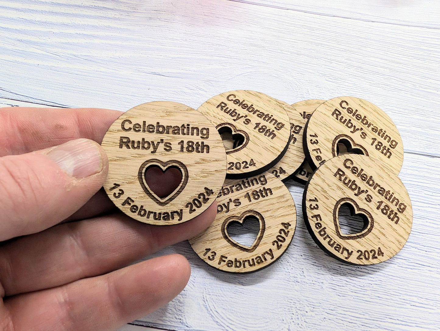 Custom Birthday Favour Discs - Oak - Personalised Birthday Discs with Name & Date (or Guest Name) - Table Favours - Milestone Parties