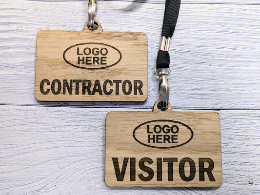 Eco-Friendly Wooden Visitor & Contractor Passes | Personalised Oak Veneer Reusable Visitor Management with Eco Lanyards, Building Safety