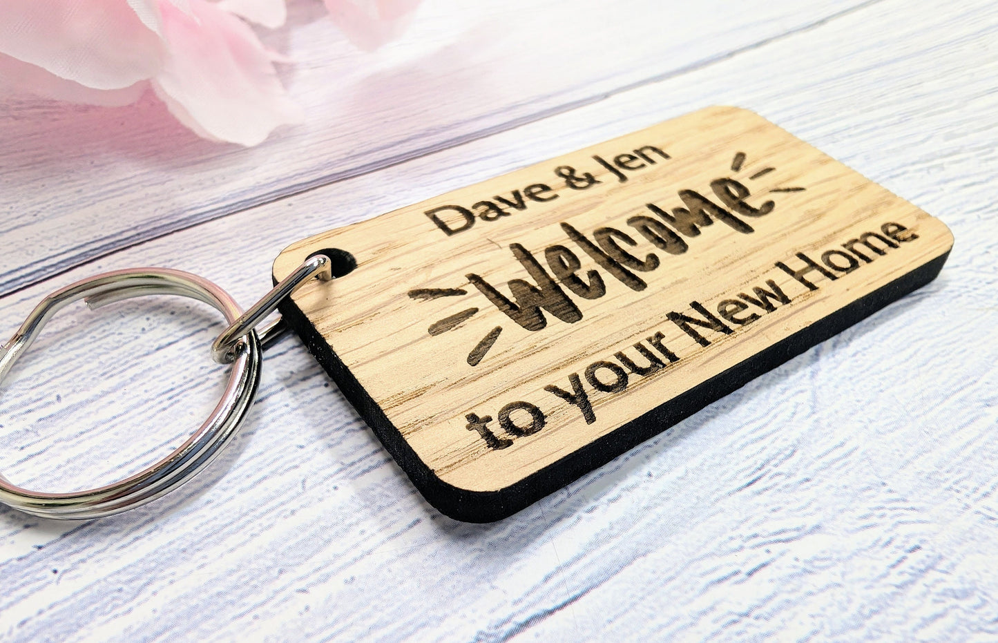 Personalised New Home Keyrings - Oak Veneer - Custom New Homeowner Keyrings, 65mm x 35mm, Perfect Housewarming Gift, First Home, Moving In