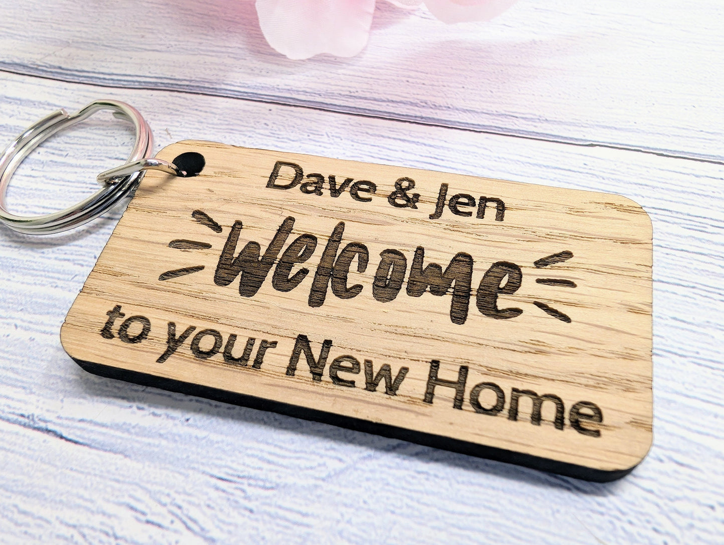 Personalised New Home Keyrings - Oak Veneer - Custom New Homeowner Keyrings, 65mm x 35mm, Perfect Housewarming Gift, First Home, Moving In