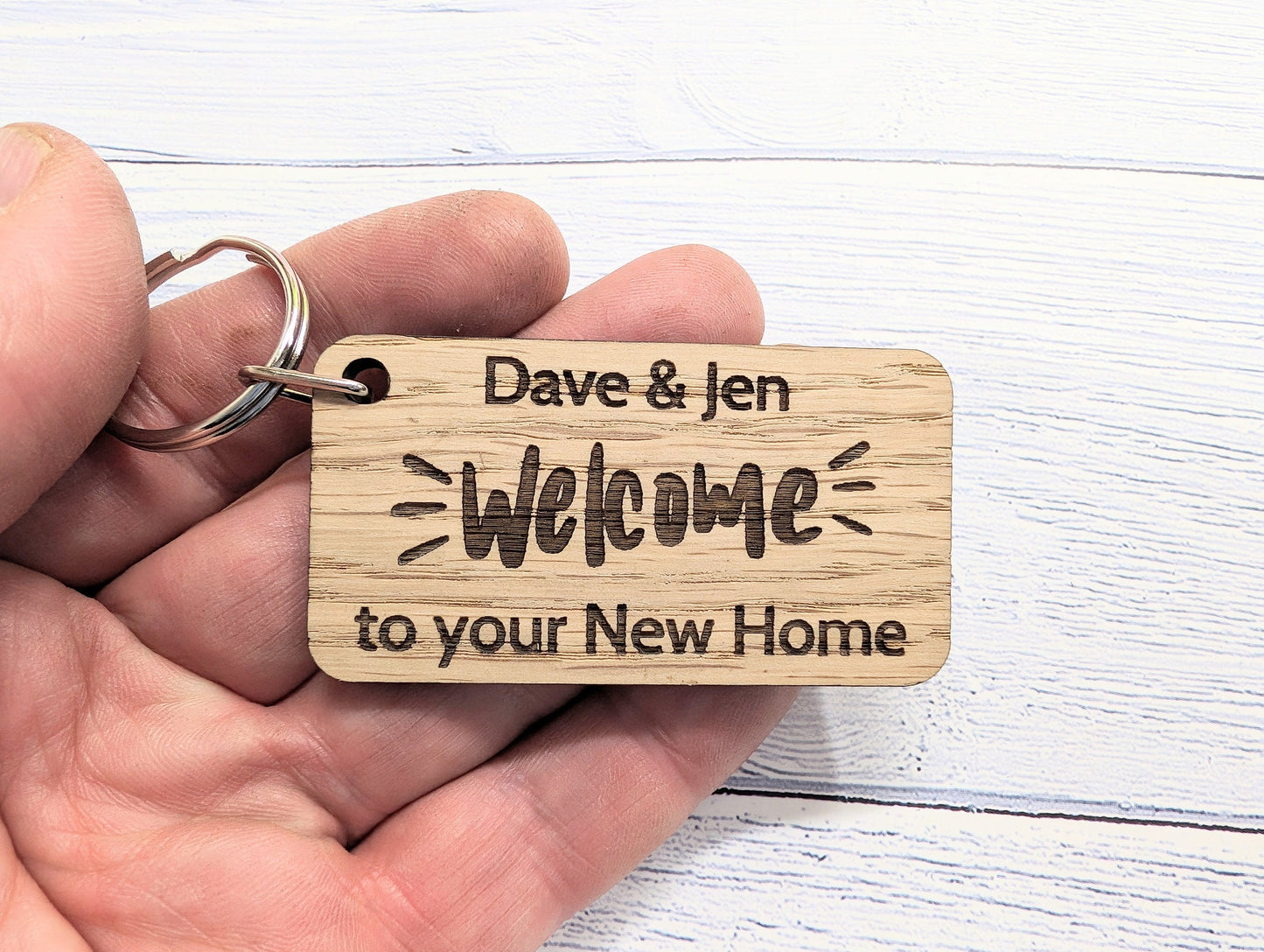 Personalised New Home Keyrings - Oak Veneer - Custom New Homeowner Keyrings, 65mm x 35mm, Perfect Housewarming Gift, First Home, Moving In