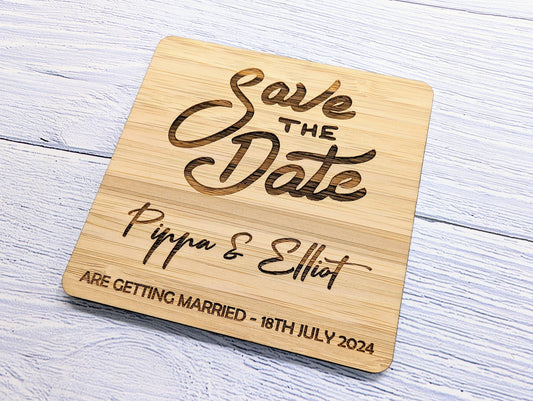 Personalised 'Save The Date' Bamboo Coasters - Custom with Names & Date, 90mm x 90mm, Unique Wedding Favors