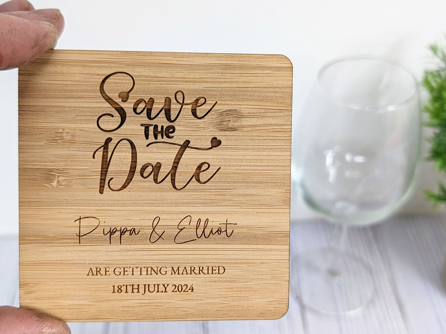 Bespoke 'Save The Date' Bamboo Coasters - Custom with Names & Date