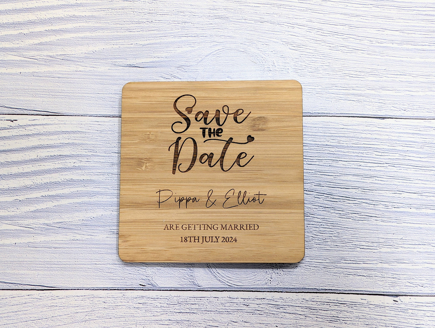 Bespoke 'Save The Date' Bamboo Coasters - Custom with Names & Date