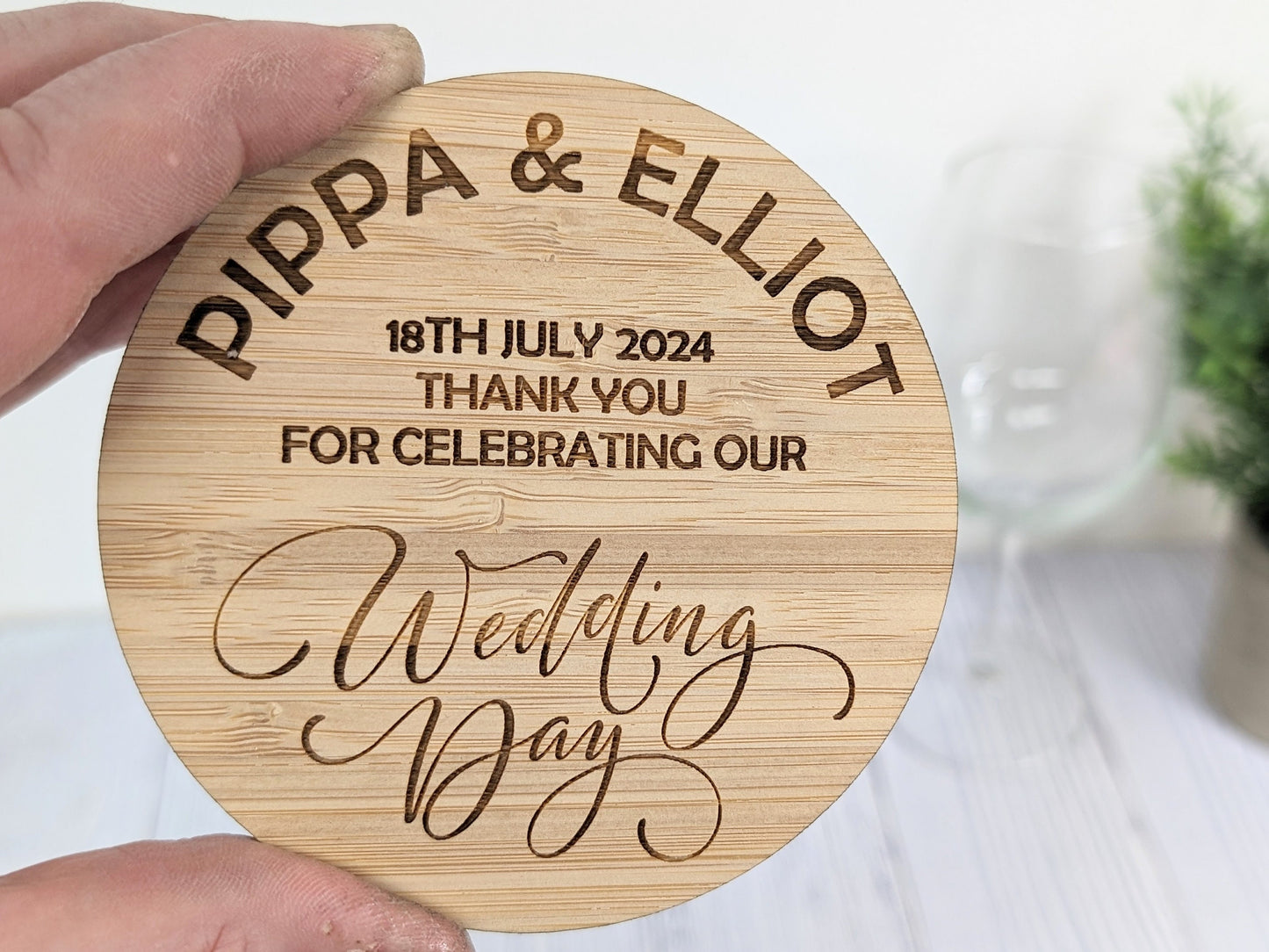 Personalised Wedding Day Bamboo Coasters - Round, 100mm Diameter, with Custom Names & Date - Unique Wedding Favors