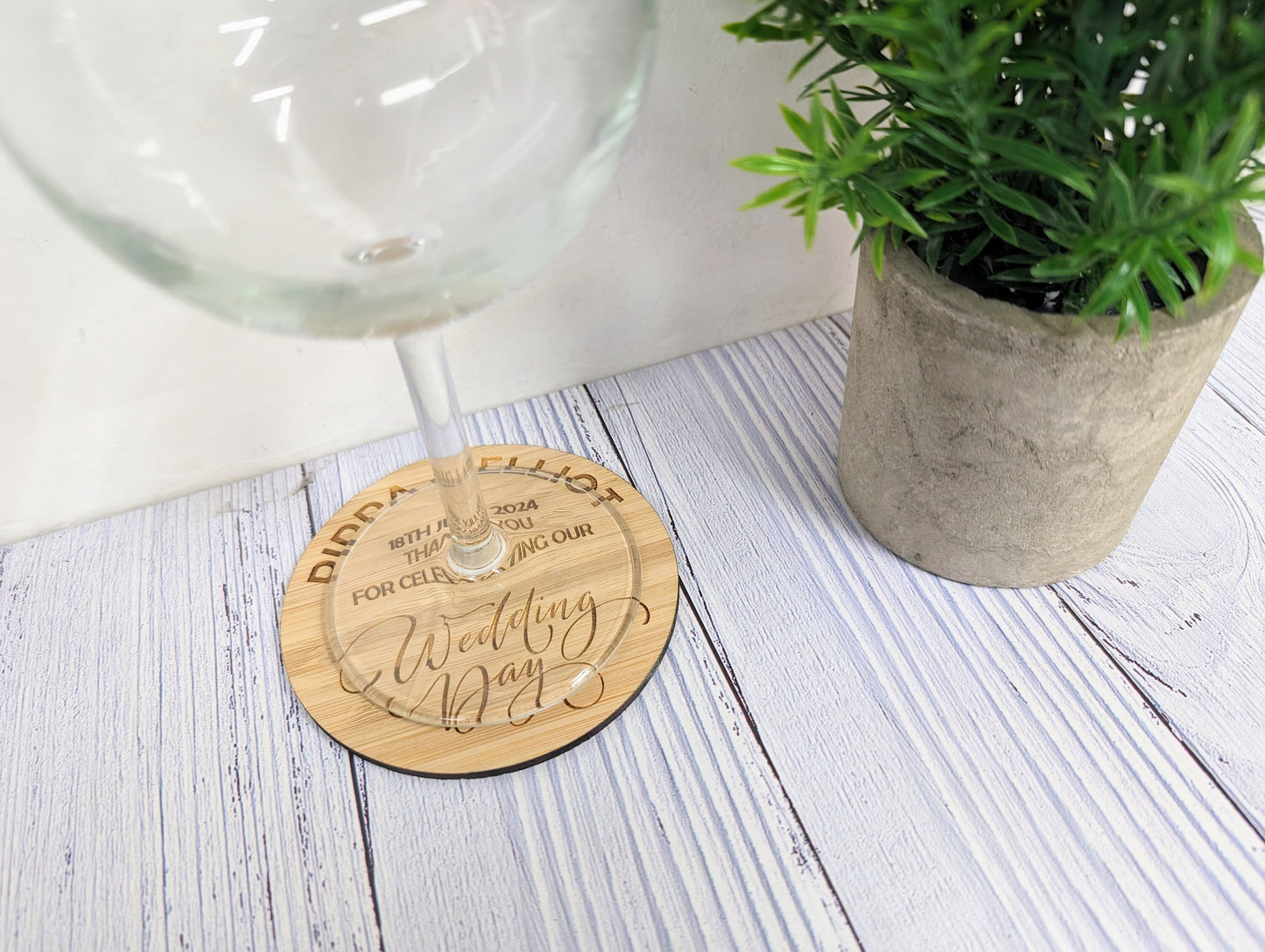 Personalised Wedding Day Bamboo Coasters - Round, 100mm Diameter, with Custom Names & Date - Unique Wedding Favors