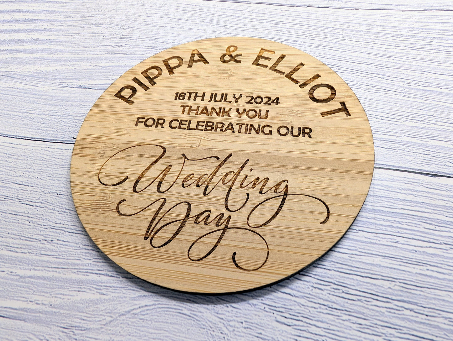 Personalised Wedding Day Bamboo Coasters - Round, 100mm Diameter, with Custom Names & Date - Unique Wedding Favors