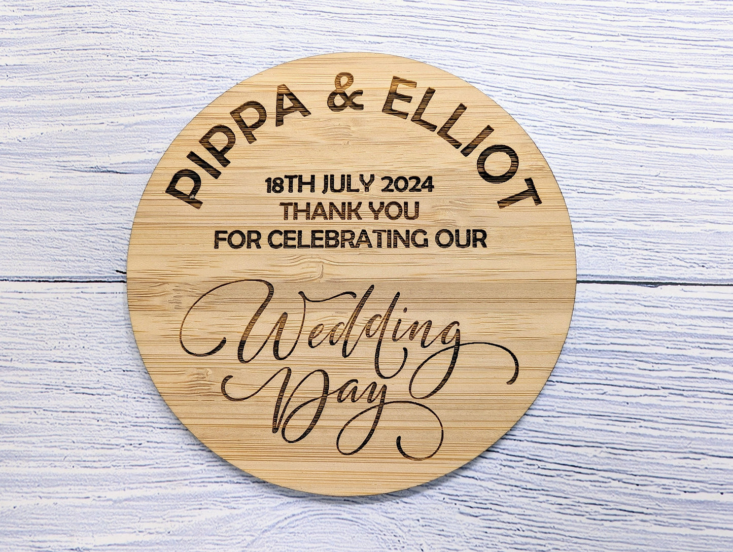 Personalised Wedding Day Bamboo Coasters - Round, 100mm Diameter, with Custom Names & Date - Unique Wedding Favors