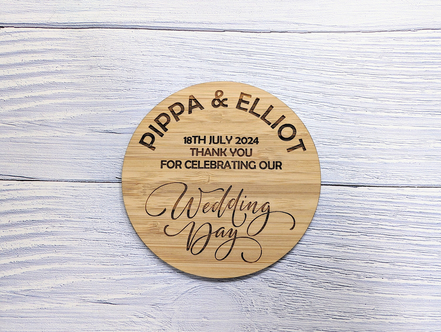 Personalised Wedding Day Bamboo Coasters - Round, 100mm Diameter, with Custom Names & Date - Unique Wedding Favors