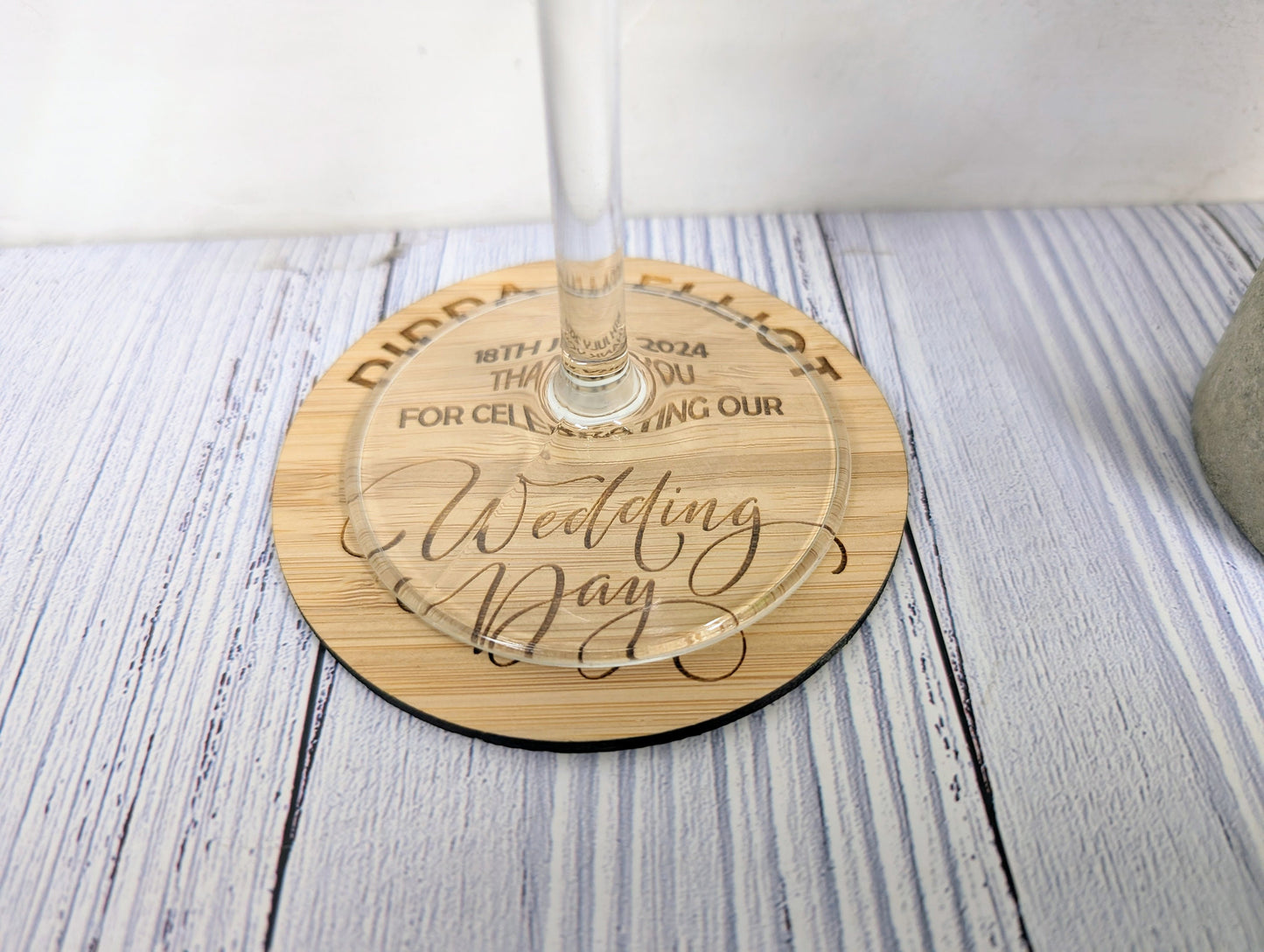 Personalised Wedding Day Bamboo Coasters - Round, 100mm Diameter, with Custom Names & Date - Unique Wedding Favors