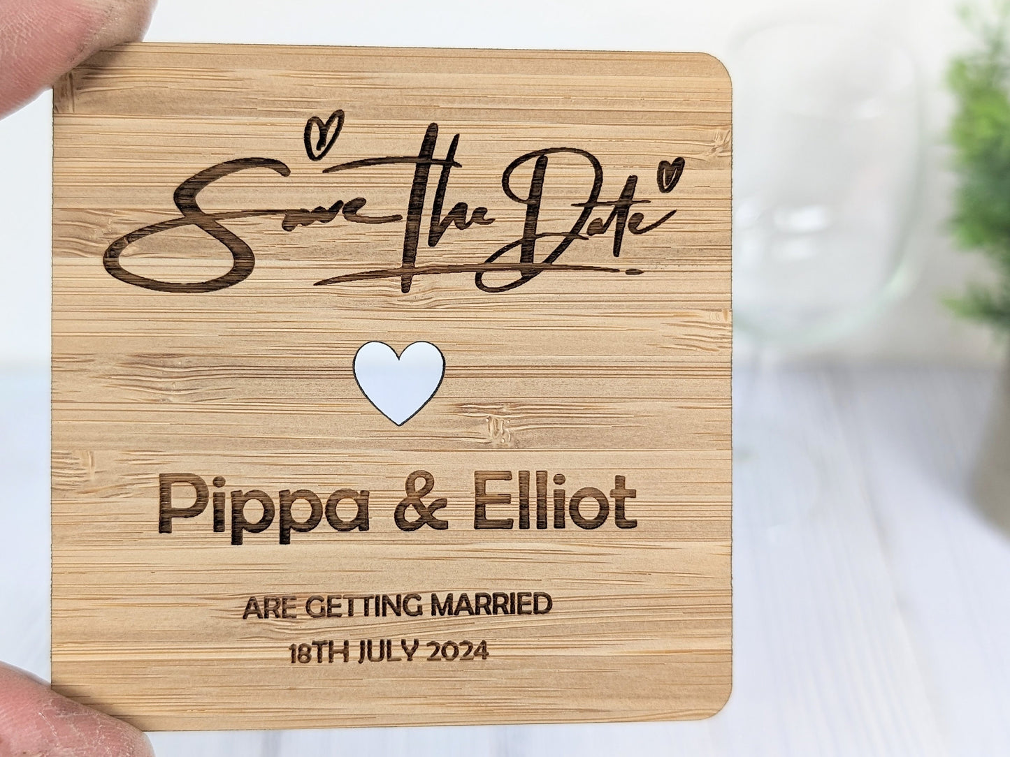 Custom 'Save The Date' Bamboo Coasters - Personalised with Names & Date