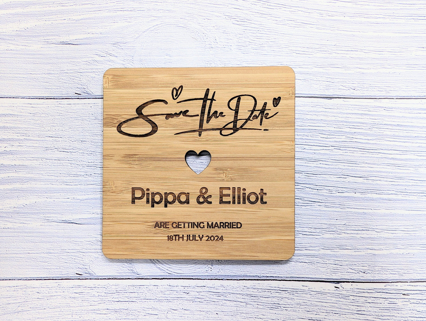 Custom 'Save The Date' Bamboo Coasters - Personalised with Names & Date