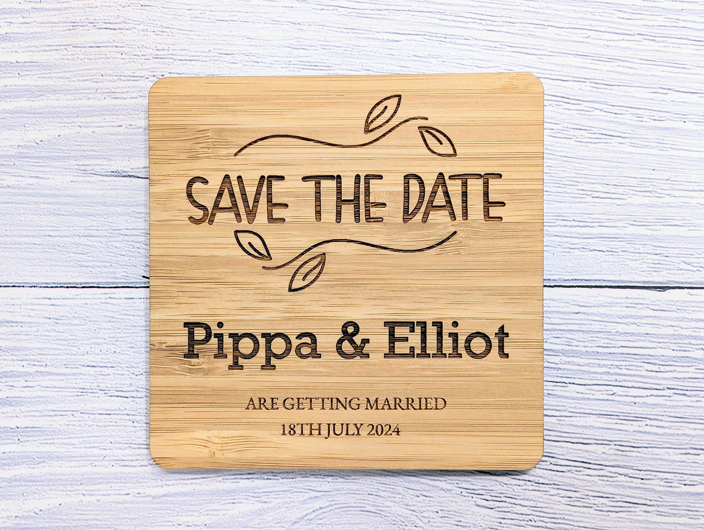 Bespoke 'Save The Date' Bamboo Coasters -  Customised with Names & Date