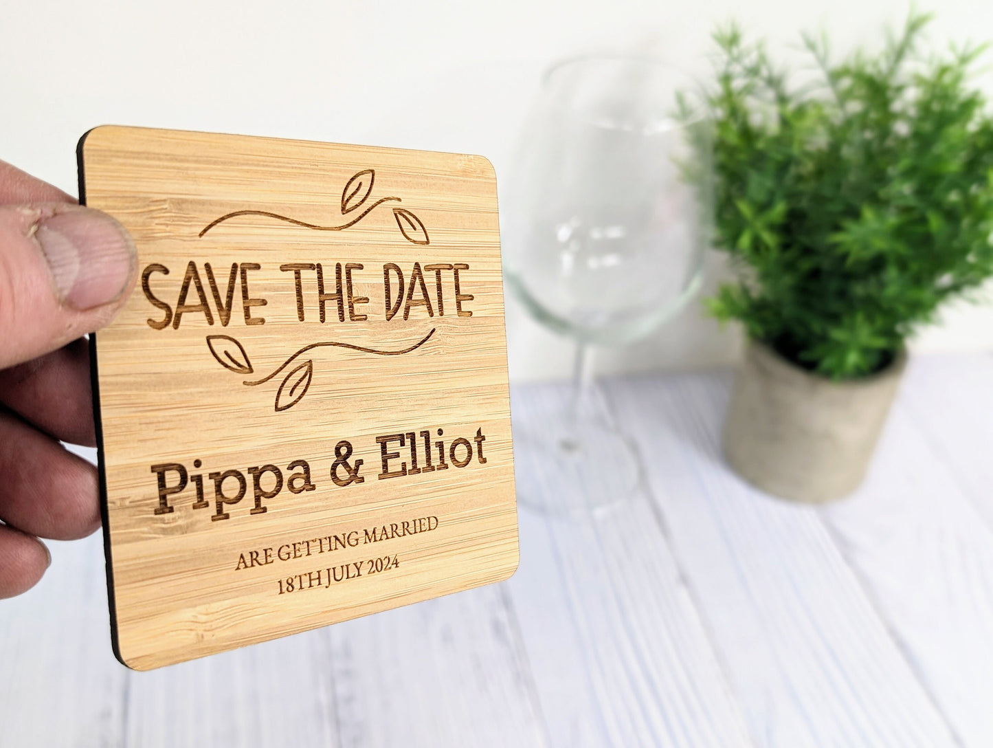 Bespoke 'Save The Date' Bamboo Coasters -  Customised with Names & Date