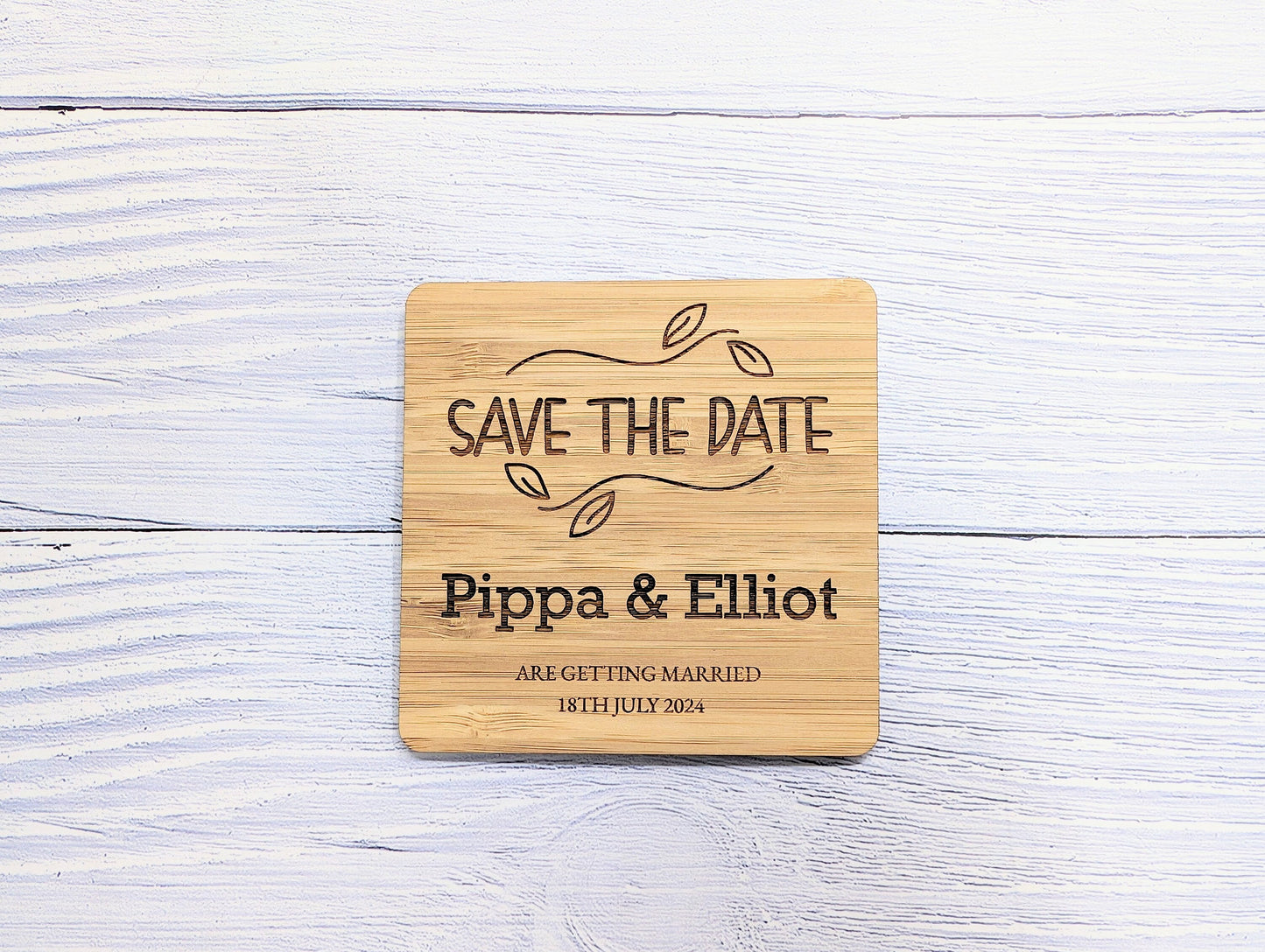 Bespoke 'Save The Date' Bamboo Coasters -  Customised with Names & Date