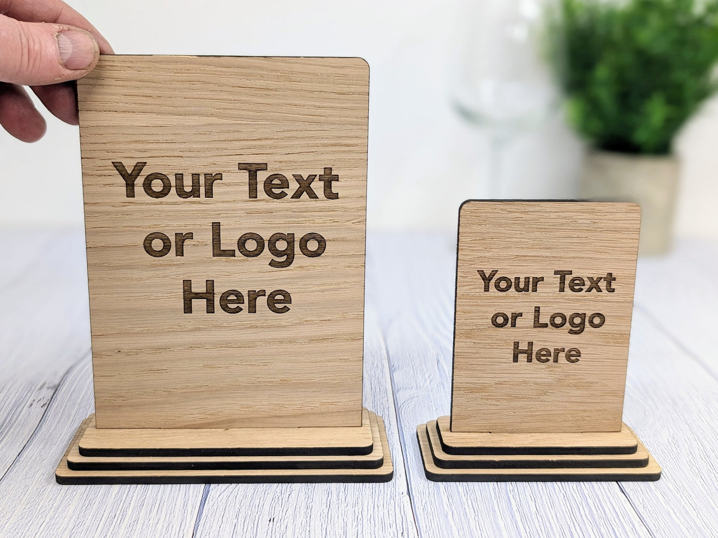 Personalised Wooden Freestanding Table Signs - Custom Text & Logo, Two Sizes