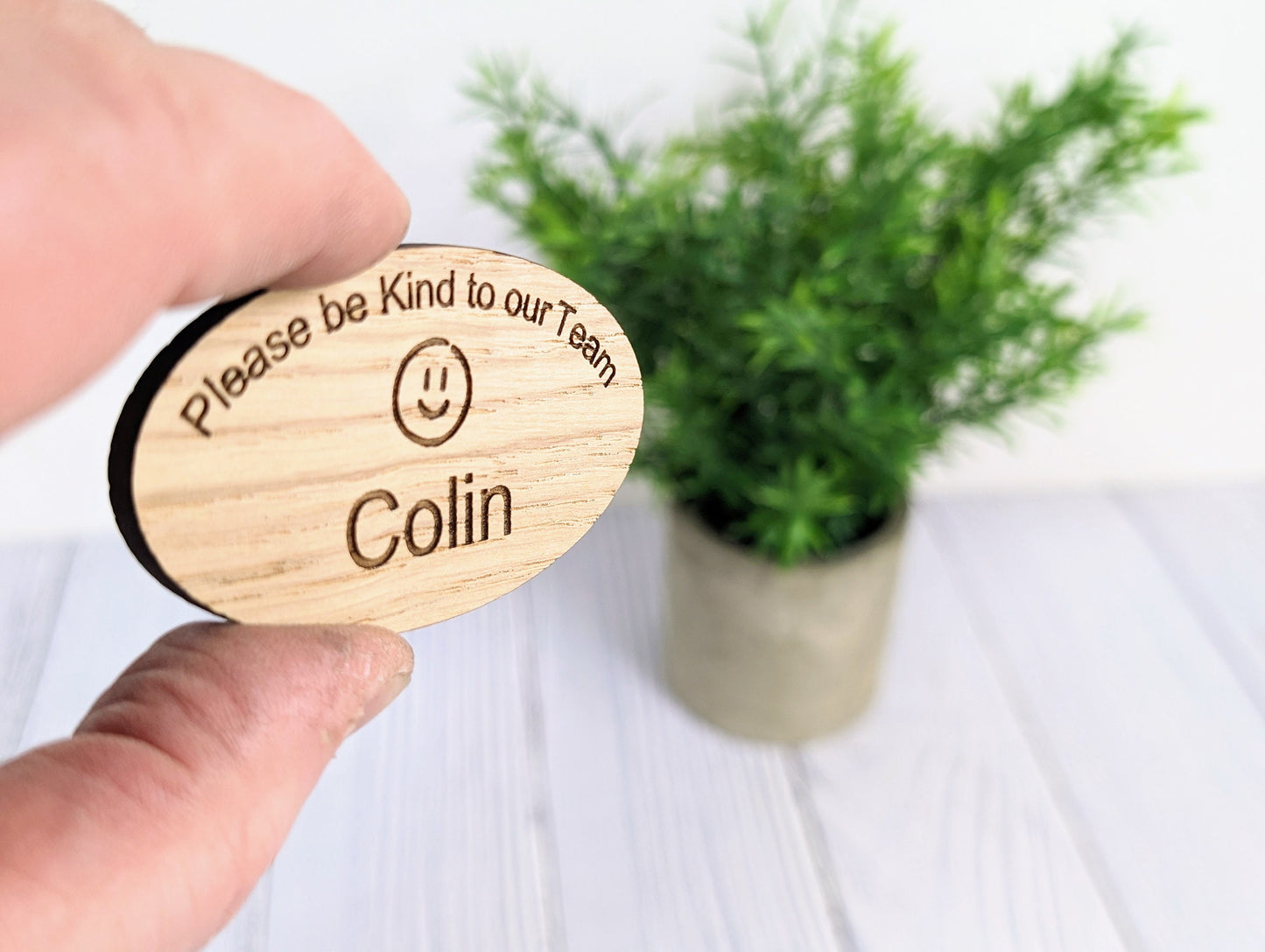 Personalised Oak Veneer Name Badge - Eco-Friendly, Oval 'Please Be Kind to Our Team' - Customisable for Company Name & Job Title