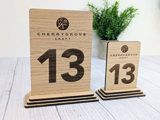 Custom Wooden Table Numbers, Company Logo Corporate Events - 2 Sizes, Single or Double-Sided