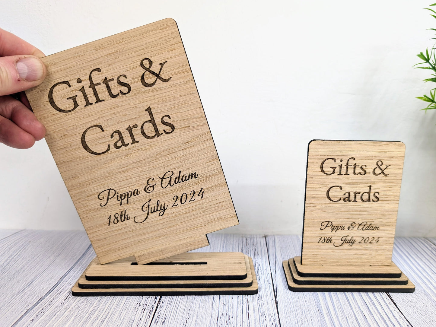 Personalised 'Gifts & Cards' Wooden Sign for Weddings and Parties - Eco-Friendly Freestanding Display with Couple's Name and Date