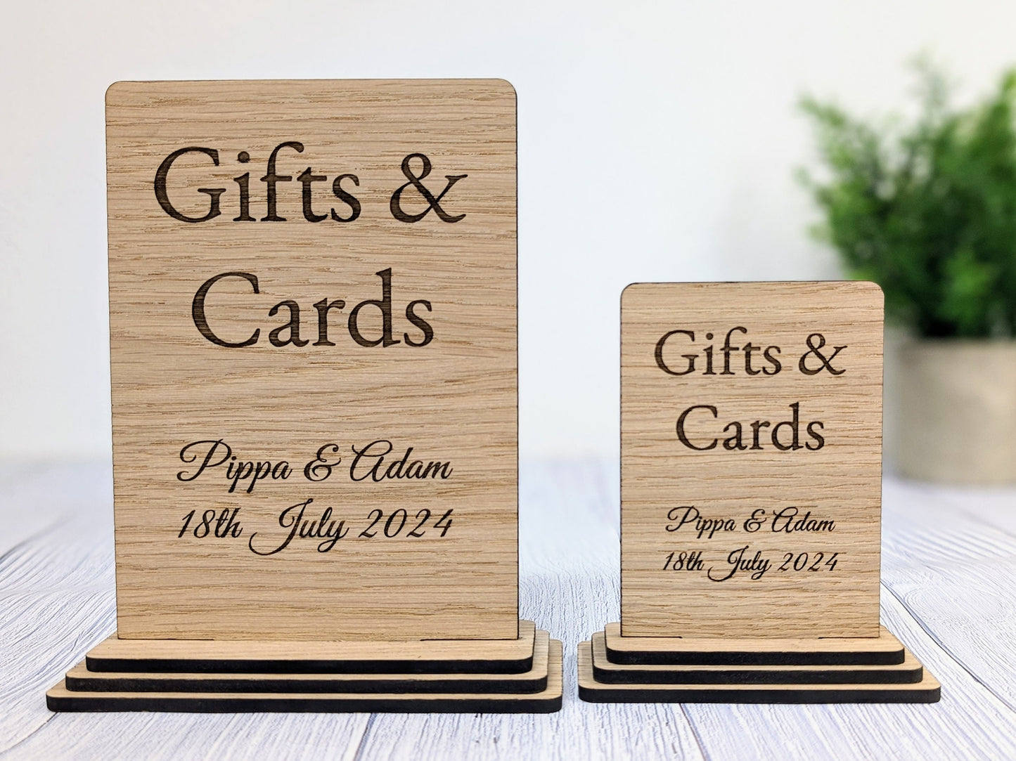 Personalised 'Gifts & Cards' Wooden Sign for Weddings and Parties - Eco-Friendly Freestanding Display with Couple's Name and Date