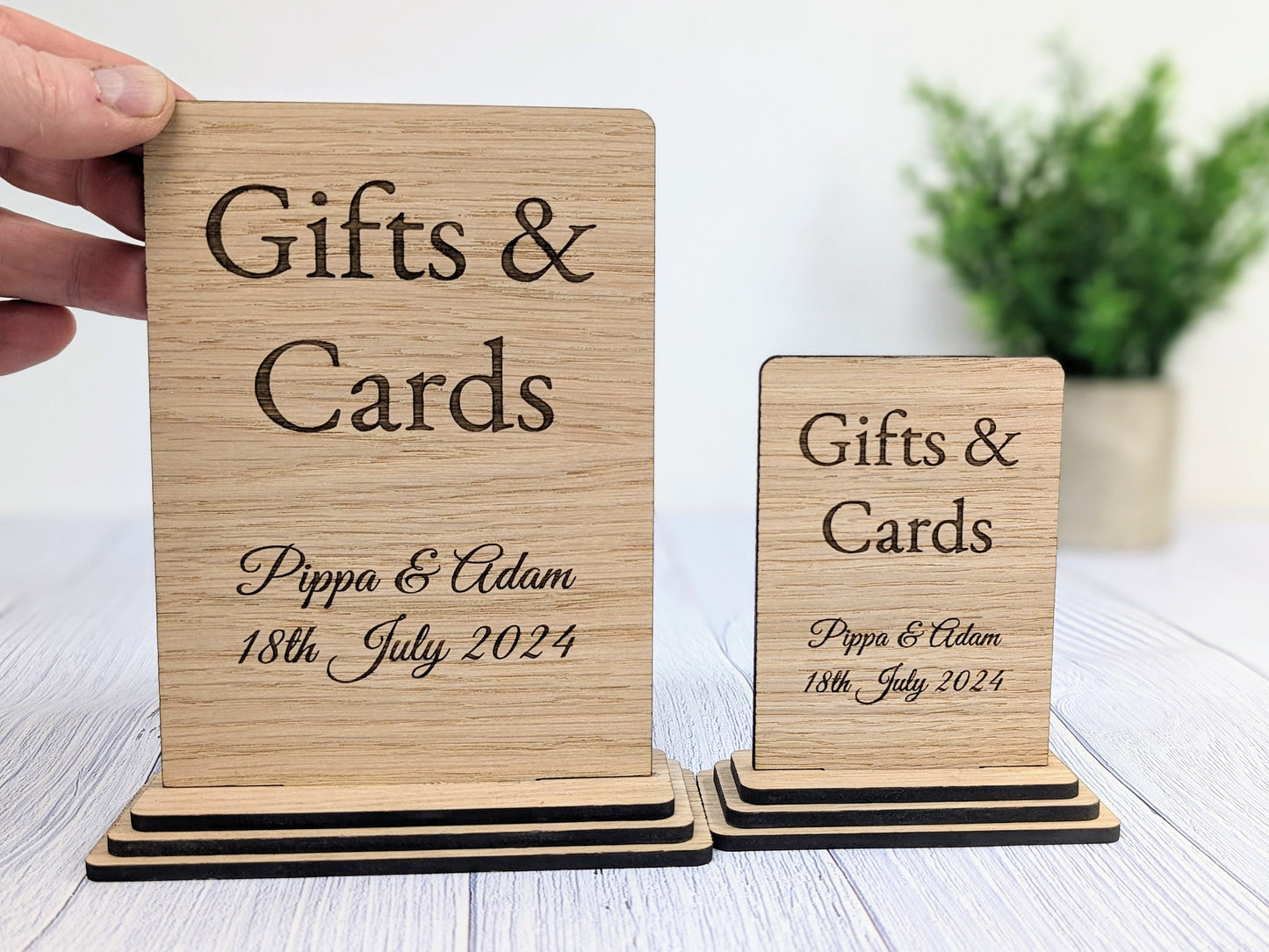 Personalised 'Gifts & Cards' Wooden Sign for Weddings and Parties - Eco-Friendly Freestanding Display with Couple's Name and Date