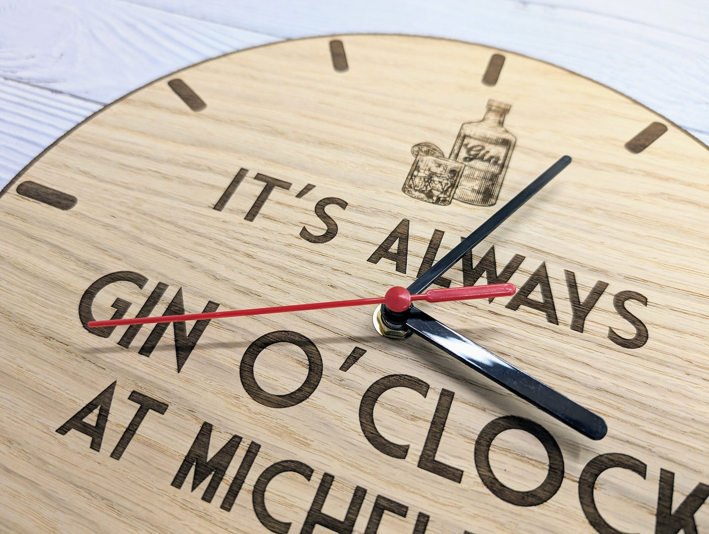 Personalised Gin O'Clock Wooden Clock - Eco-Friendly Gin Lover Decor, Custom Name Oak Gift - 30cm Art Deco Style Eco Gift Idea