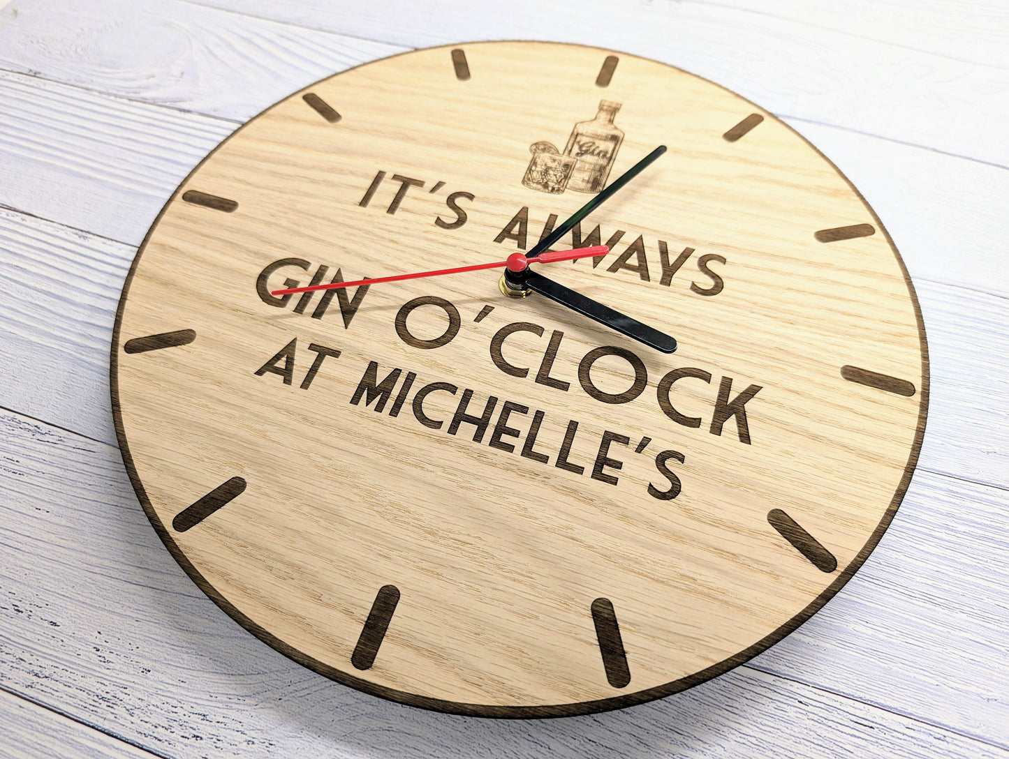 Personalised Gin O'Clock Wooden Clock - Eco-Friendly Gin Lover Decor, Custom Name Oak Gift - 30cm Art Deco Style Eco Gift Idea