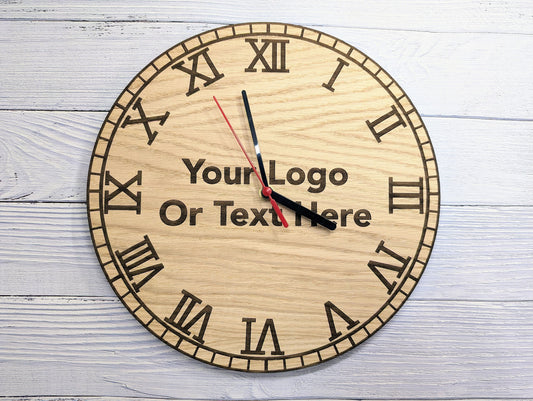 Custom Engraved Wooden Wall Clock - Personalised Text & Logo - 30cm