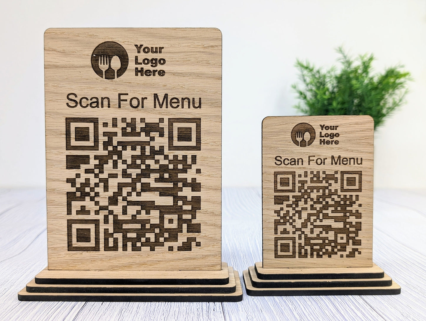 QR Code 'Scan for Menu' Wooden Sign - Add Your Logo, Ideal for Restaurants, Bars, Cafes, Hotels, Eco-Friendly, Custom Design in 2 Sizes