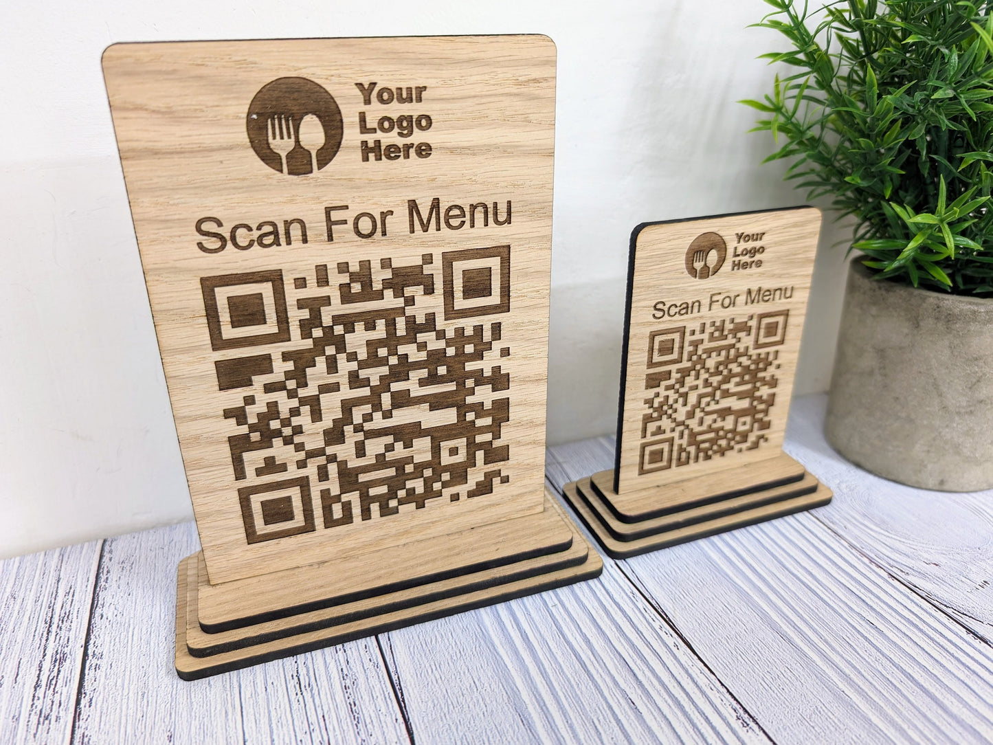 QR Code 'Scan for Menu' Wooden Sign - Add Your Logo, Ideal for Restaurants, Bars, Cafes, Hotels, Eco-Friendly, Custom Design in 2 Sizes