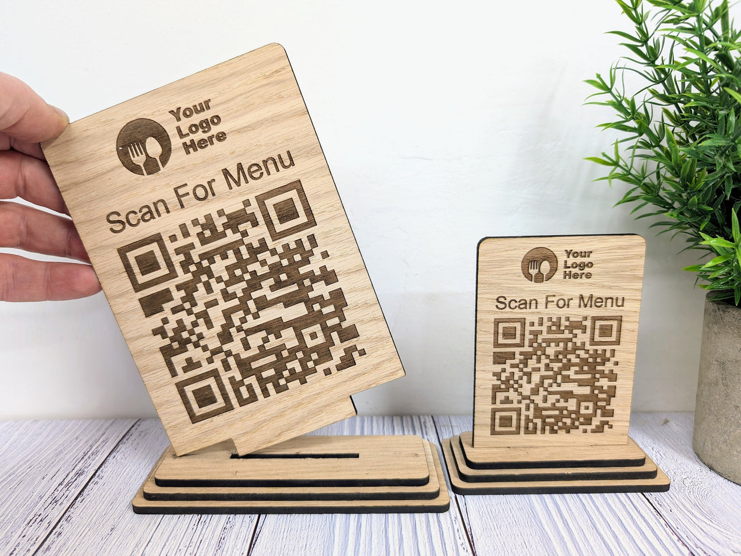 QR Code 'Scan for Menu' Wooden Sign - Add Your Logo, Ideal for Restaurants, Bars, Cafes, Hotels, Eco-Friendly, Custom Design in 2 Sizes