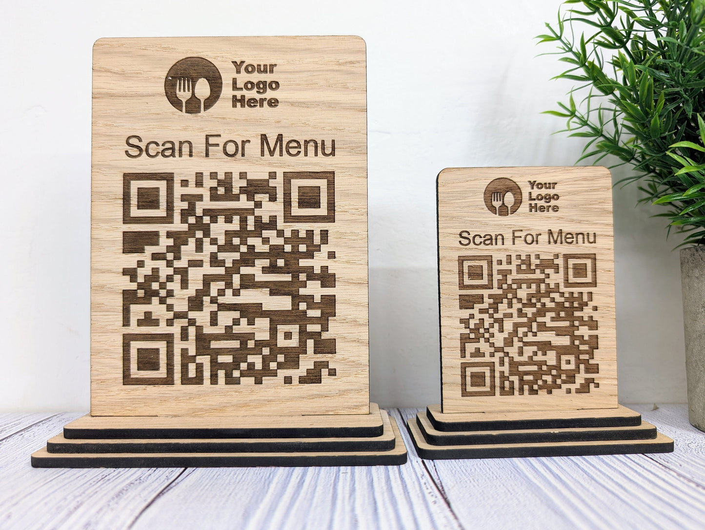 QR Code 'Scan for Menu' Wooden Sign - Add Your Logo, Ideal for Restaurants, Bars, Cafes, Hotels, Eco-Friendly, Custom Design in 2 Sizes