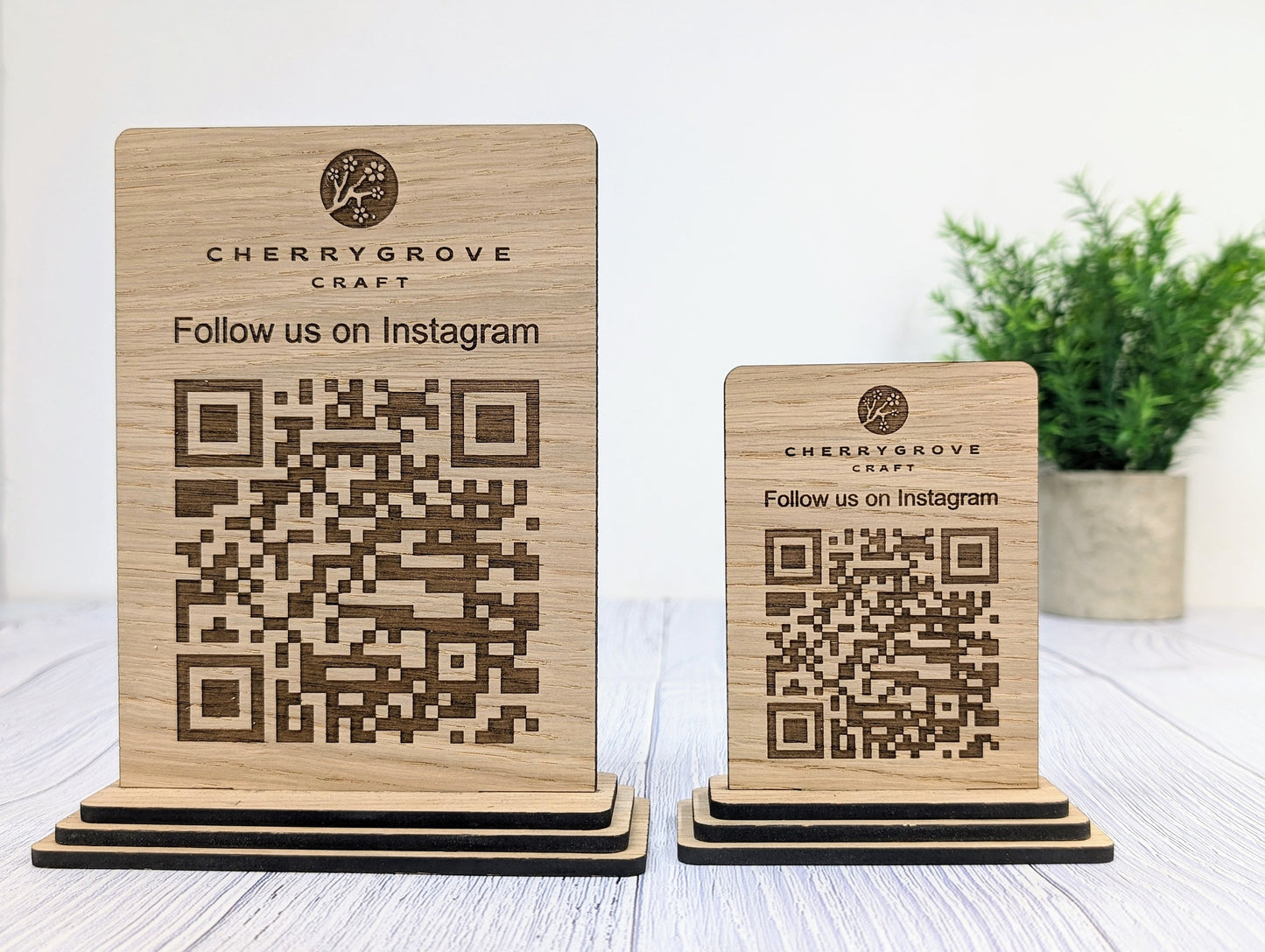 Follow Us on Instagram - QR Code - Custom Wooden Table Sign, Personalised Logo & Social Media Link, Eco-Friendly, Business Use, 2 Sizes