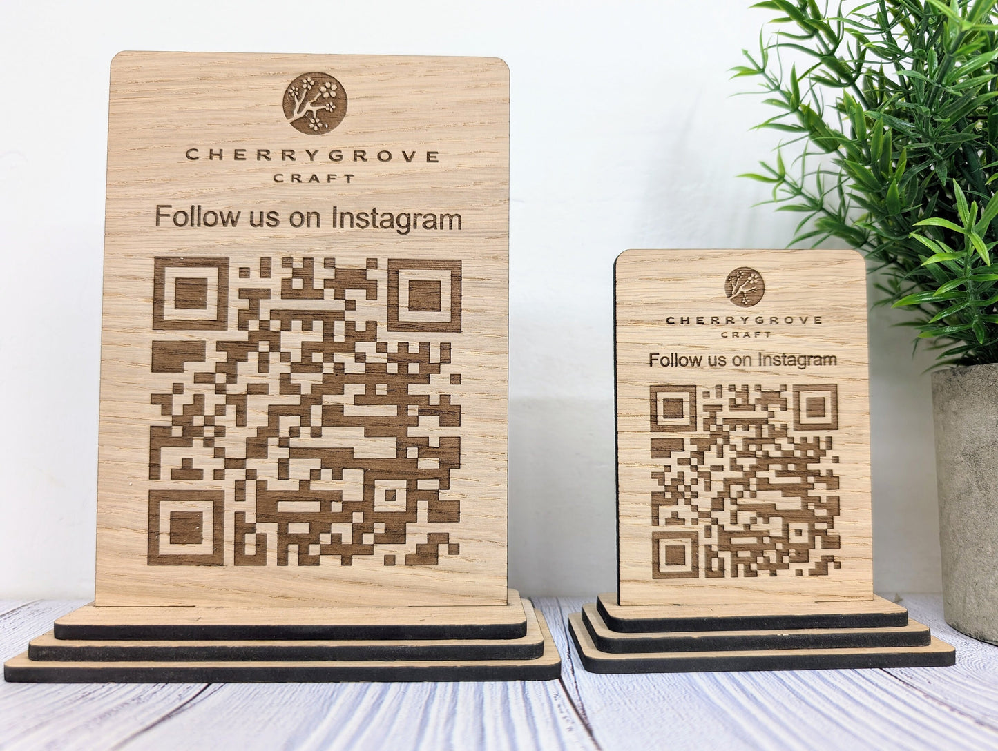 Follow Us on Instagram - QR Code - Custom Wooden Table Sign, Personalised Logo & Social Media Link, Eco-Friendly, Business Use, 2 Sizes