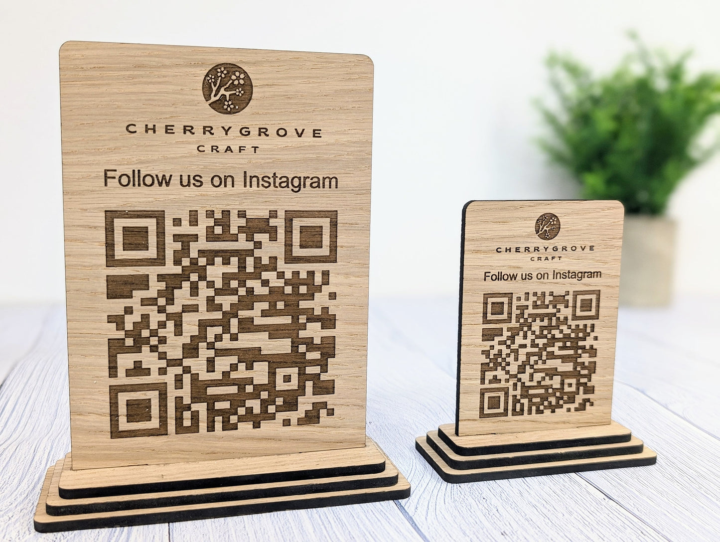 Follow Us on Instagram - QR Code - Custom Wooden Table Sign, Personalised Logo & Social Media Link, Eco-Friendly, Business Use, 2 Sizes