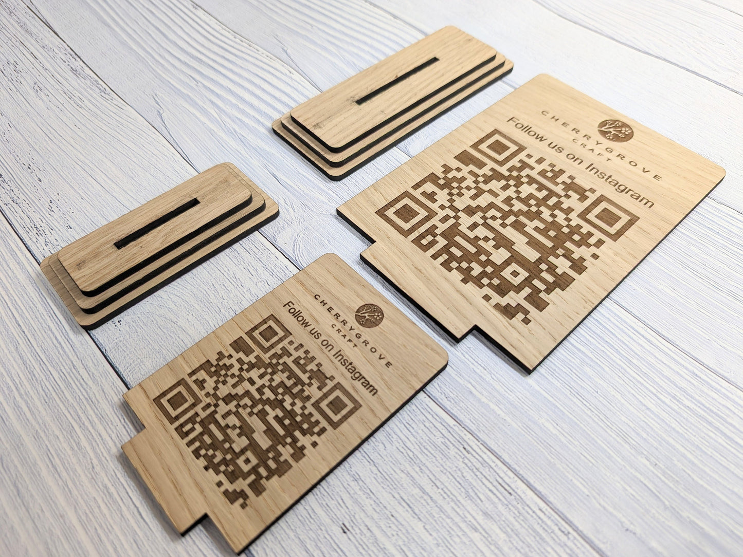 Follow Us on Instagram - QR Code - Custom Wooden Table Sign, Personalised Logo & Social Media Link, Eco-Friendly, Business Use, 2 Sizes