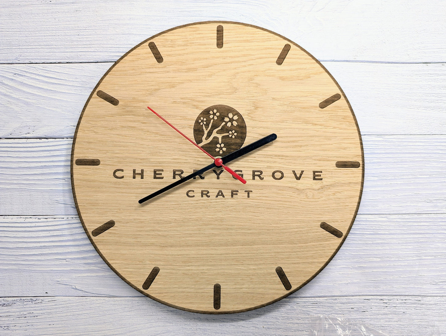 Personalised Wooden Logo Wall Clock - Custom Engraved Branded Timepiece - Eco-Friendly Oak Veneer - Sustainable Packaging - 30cm