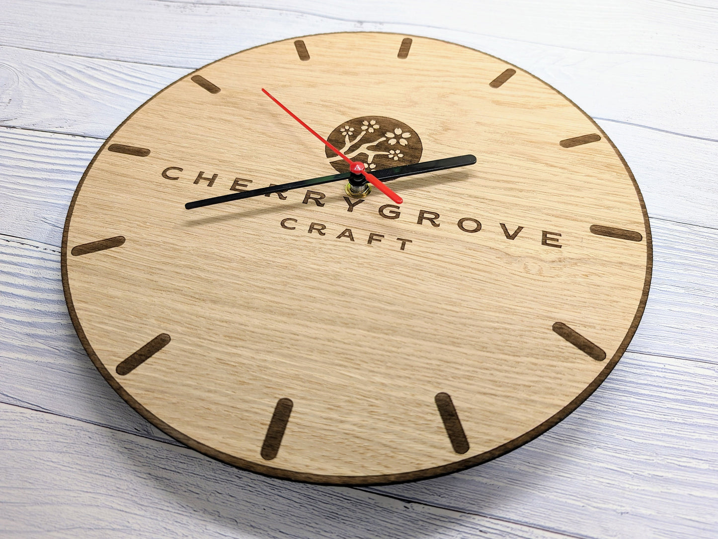 Personalised Wooden Logo Wall Clock - Custom Engraved Branded Timepiece - Eco-Friendly Oak Veneer - Sustainable Packaging - 30cm