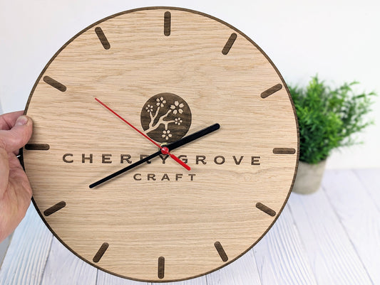 Personalised Wooden Logo Wall Clock - Custom Engraved Branded Timepiece - Eco-Friendly Oak Veneer - Sustainable Packaging - 30cm