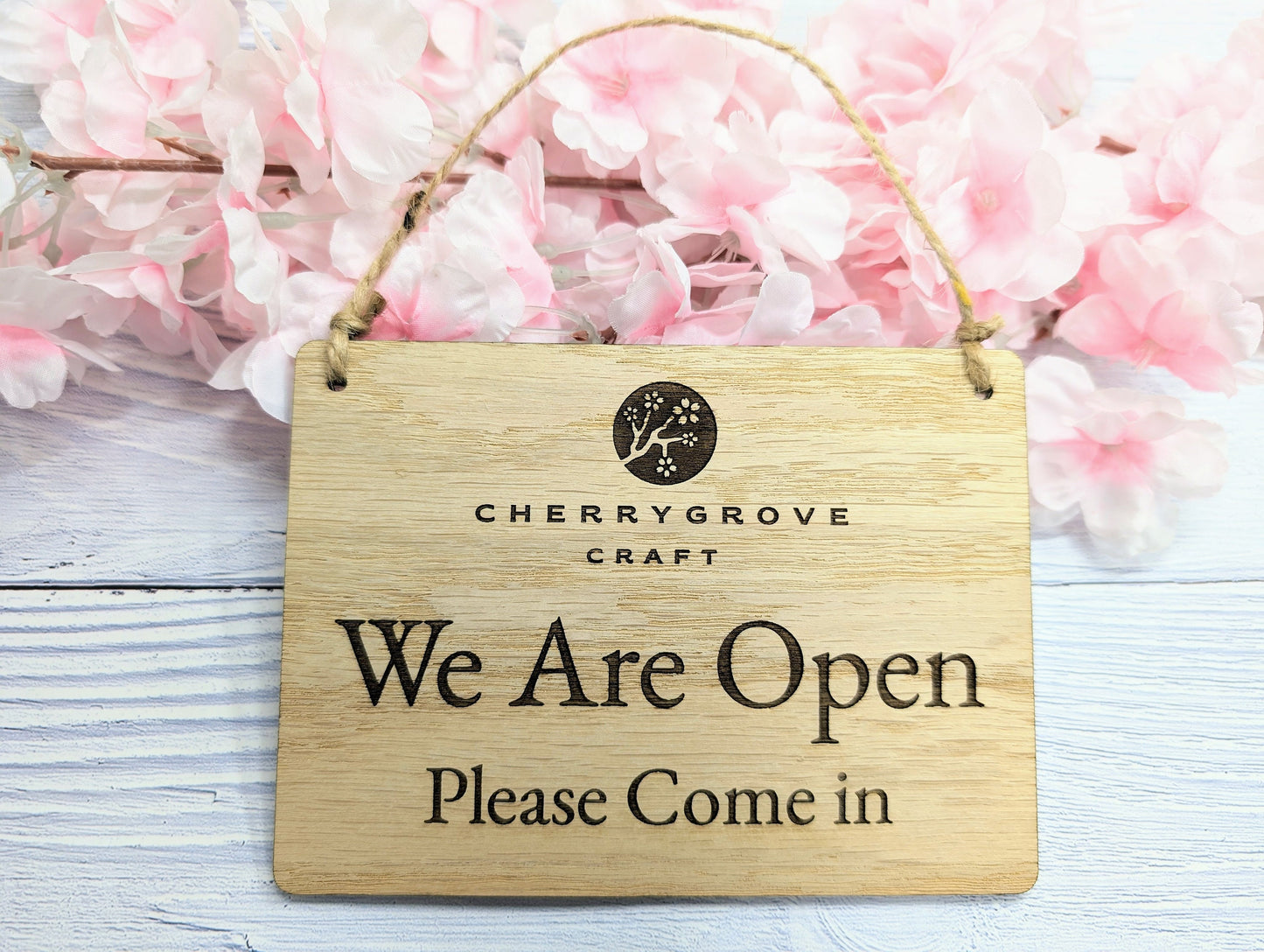 Personalised 'We Are Open, Please Come In' Wooden Sign - Custom Logo Welcome Sign - Available in 4 Sizes - Shop Sign, Office Door Sign, Bulk